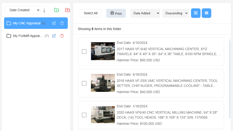 Folders interface showing project organization and saved items