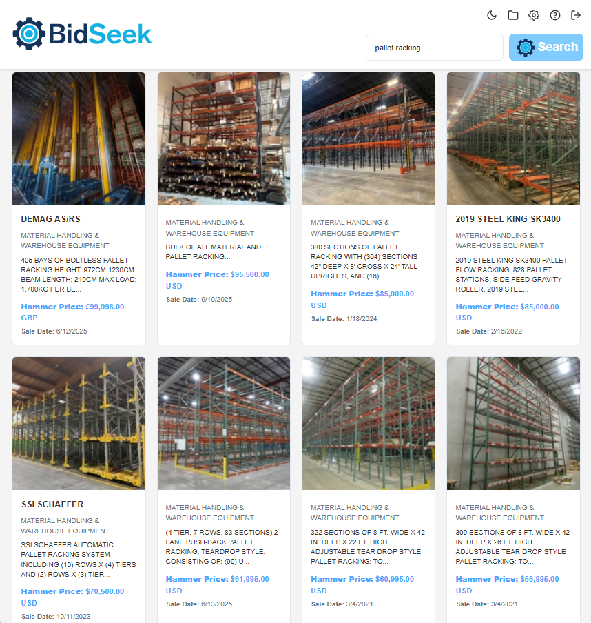 Image gallery showing search results and equipment photos